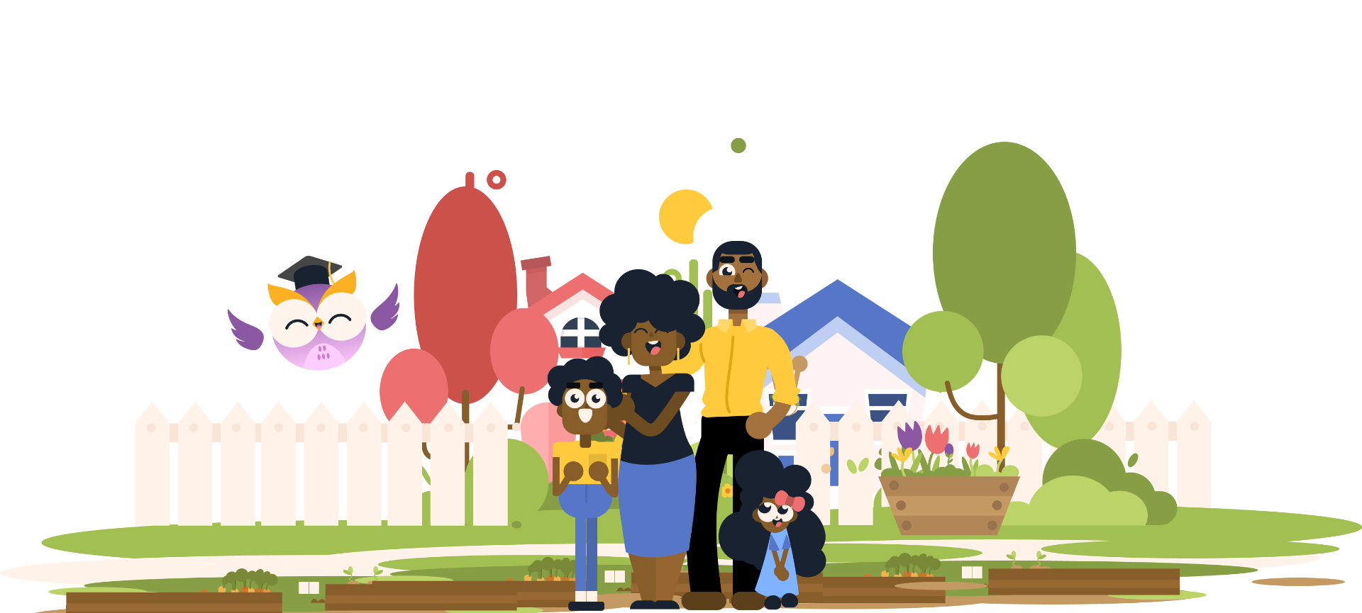 A family standing together in front of their home with an owl mentor