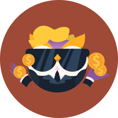Coin mascot with sunglasses holding stacks of gold coins.