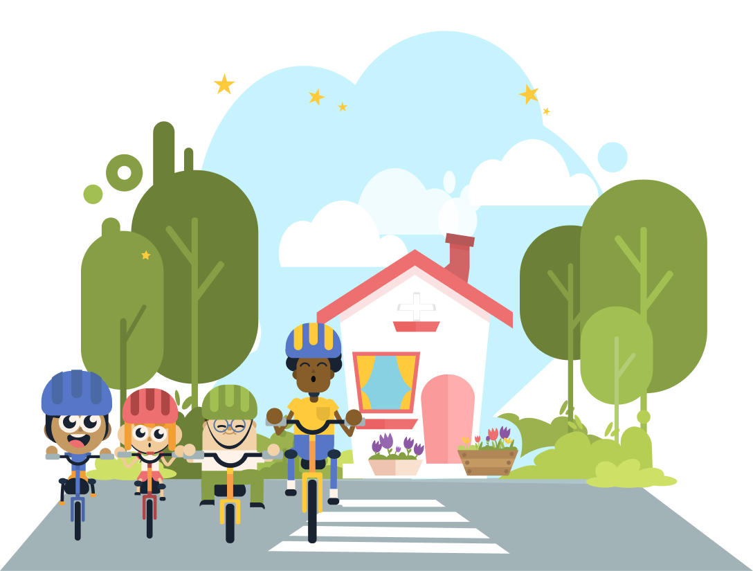 Kids on bikes riding to school